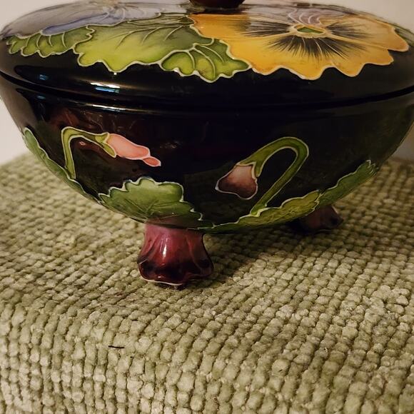 J. McCall Blue Sky 2004 Pansy Floral Covered Dish Footed Bowl 5x4 Handpainted - Picture 12 of 15